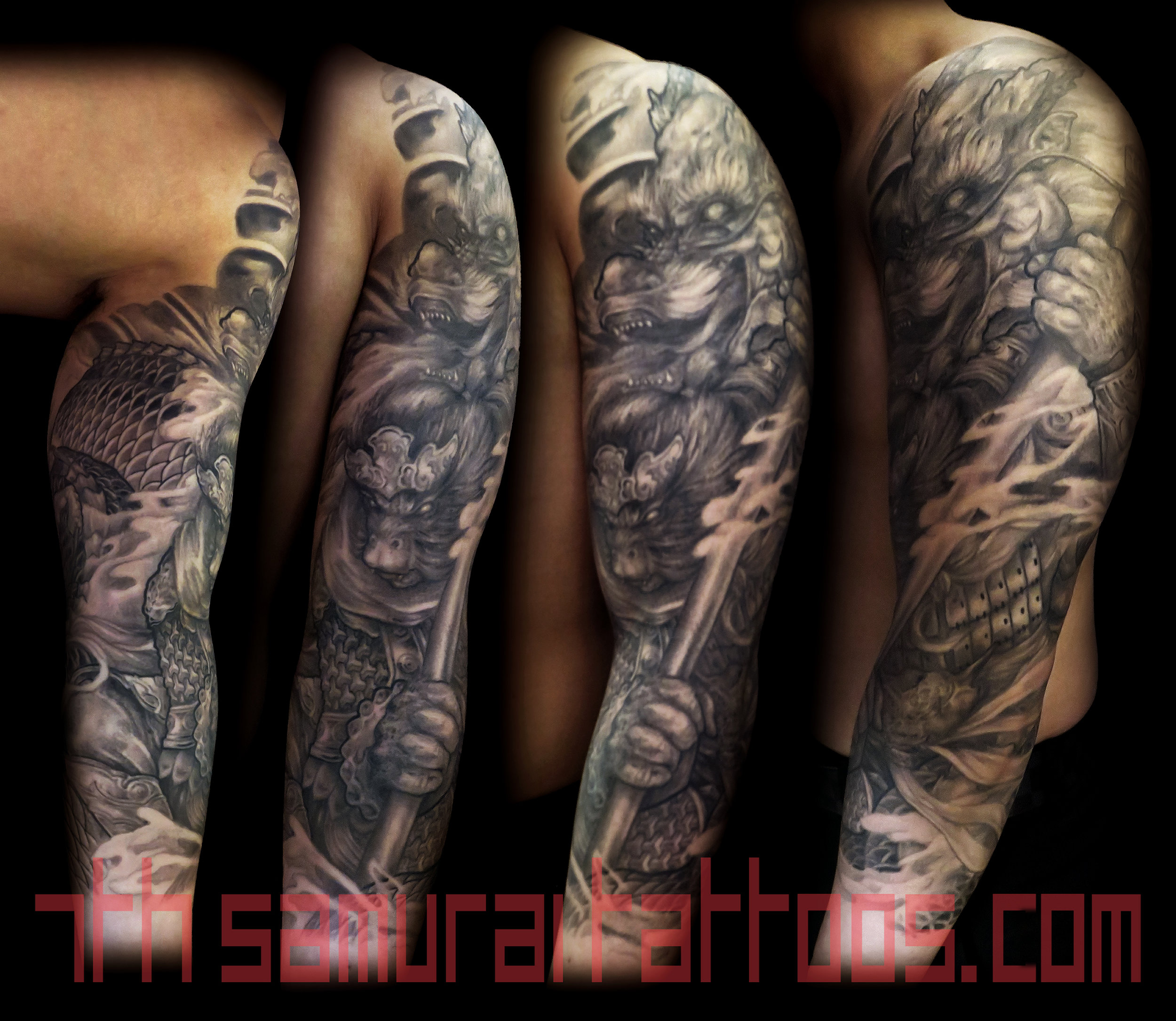 Monkey King with Dragon Kai 7th Samurai 3/4 sleeve asian tattoo