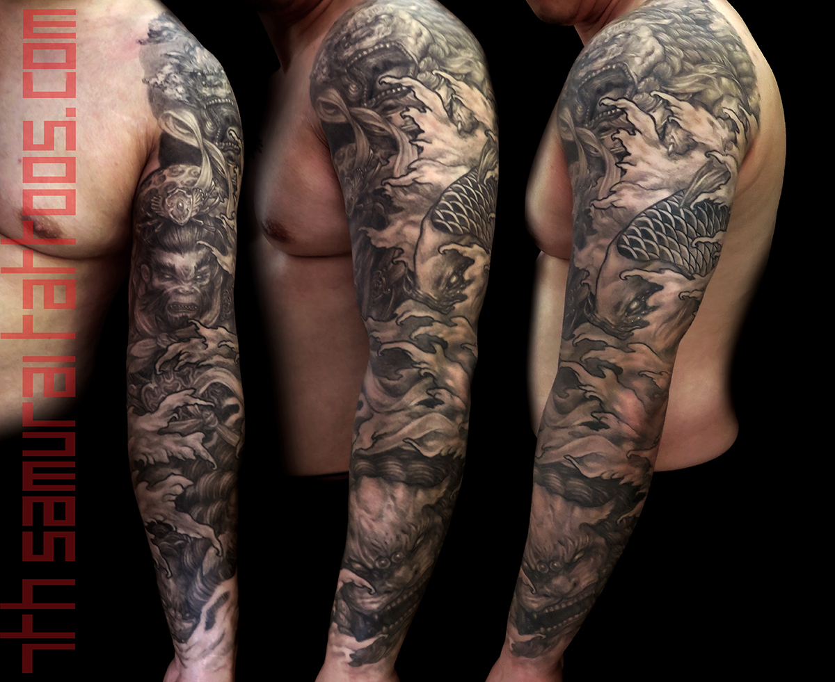 Fudogs Koi and fantasy Monkey King Kai 7th Samurai mens sleeve asian tattoo 