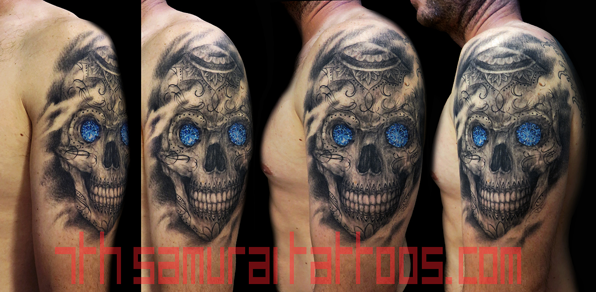 Sugar Skull Day of the Dead with blue Jewel Birthstone Kai 7th Samurai mens arm tattoo — 7th Samurai Tattoos