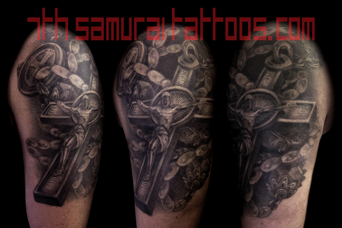 Rosary Jesus Cross Kai 7th Samurai mens arm tattoo