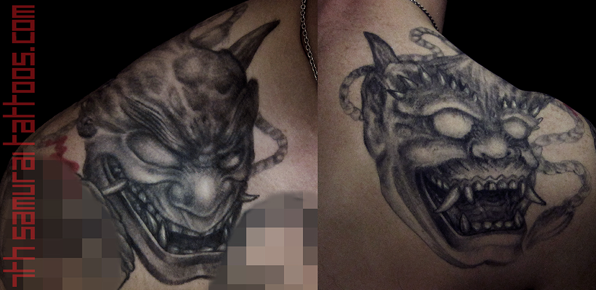 Noh Oni mask evil Laugh now Cry later Kai 7th Samurai mens tattoo