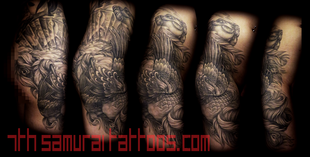Phoenix and Money Frog with Geisha Fan Kai 7th Samurai womans thigh tattoo — 7th Samurai Tattoos Phoenix and Money Frog with Geisha Fan Kai 7th Samurai womans thigh tattoo — 7th Samurai Tattoos