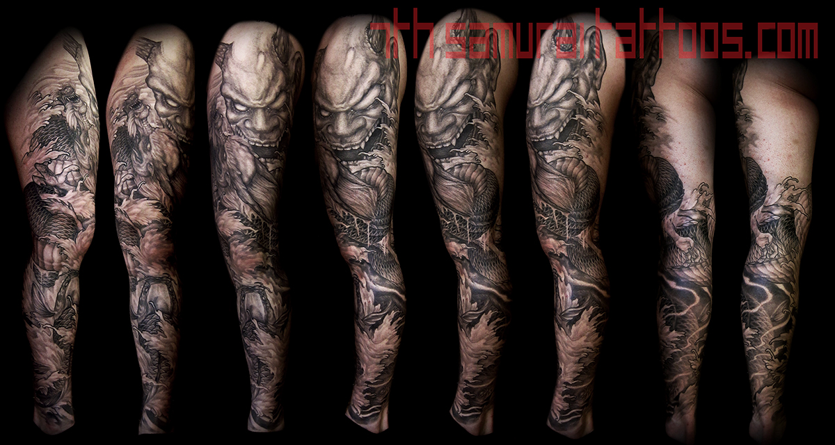Noh Oni mask Dragon and Koi Kai 7th Samurai mens leg sleeve tattoo