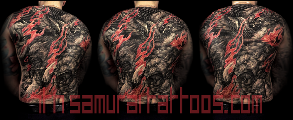 Men's neo japanese asian back piece tattoo with red highlights Kai 7th Samurai. YEG Edmonton, Alberta, Canada phoenix pheonix fudogs aggressive art