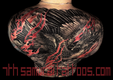 Men's neo japanese asian back piece tattoo with red highlights Kai 7th Samurai. YEG Edmonton, Alberta, Canada phoenix pheonix fudogs aggressive art