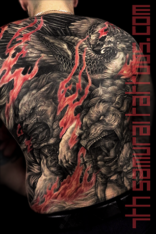 Men's neo japanese asian back piece tattoo with red highlights Kai 7th Samurai. YEG Edmonton, Alberta, Canada phoenix pheonix fudogs aggressive art