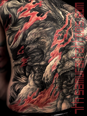 Men's neo japanese asian back piece tattoo with red highlights Kai 7th Samurai. YEG Edmonton, Alberta, Canada phoenix pheonix fudogs aggressive art