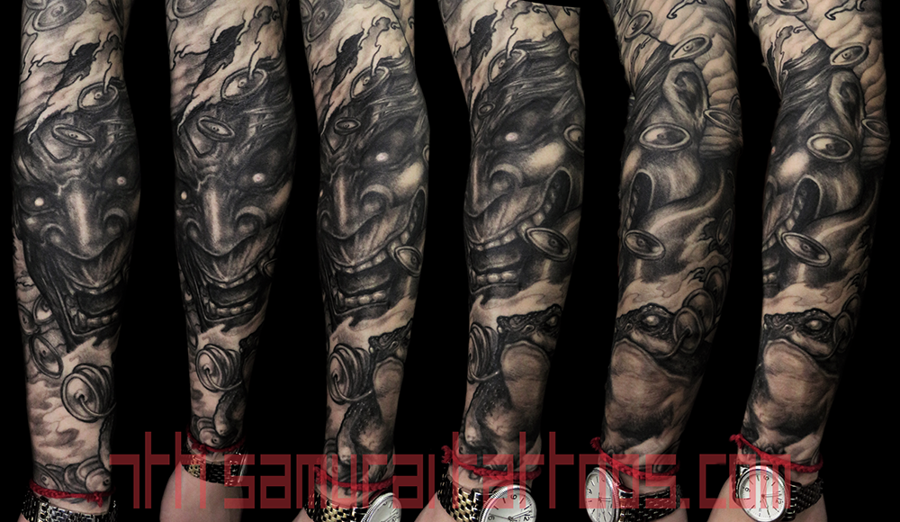 asian noh oni japanese mask money frog snake coins water men's sleeve tattoo kai 7th samurai