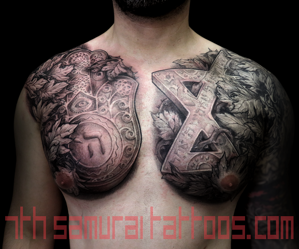 hamsa khamsa humes hand of miriam star of david hebrew jewish san skrit  men's chest tattoo — 7th Samurai Tattoos
