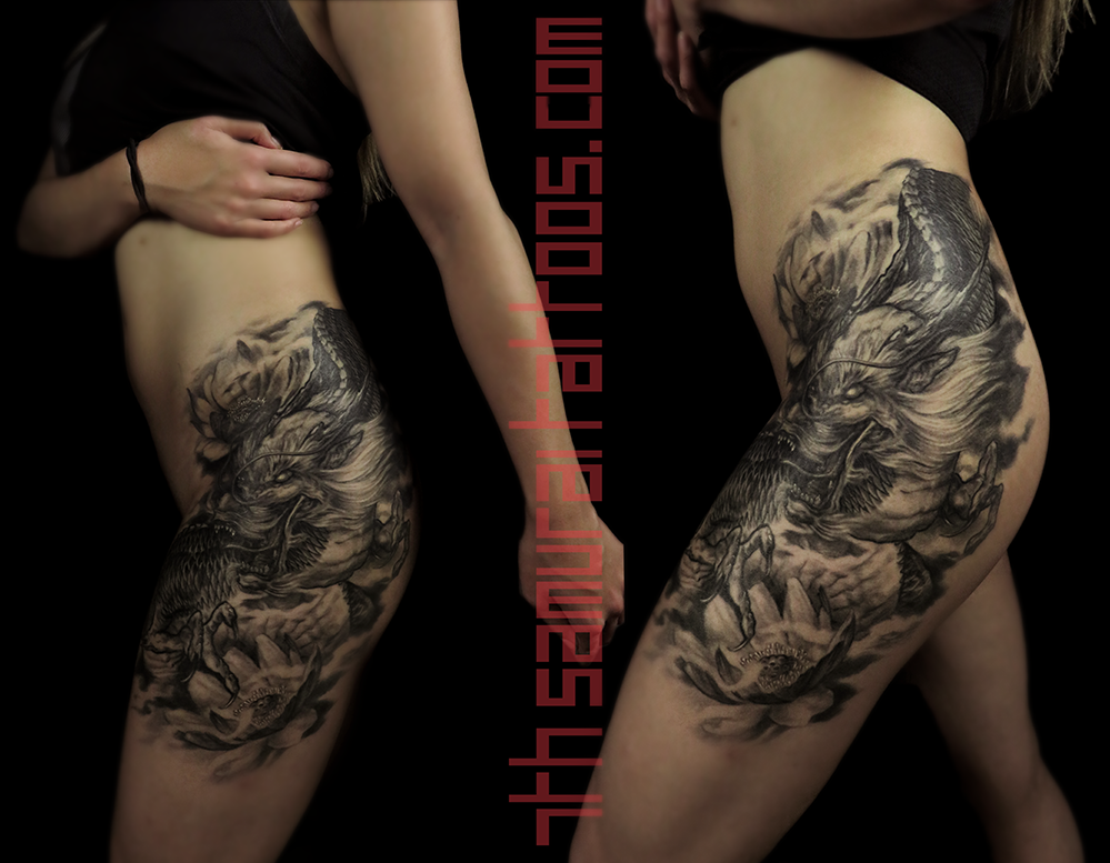 dragon lotus women's thigh leg hip piece tattoo asian kai 7th samurai — 7th  Samurai Tattoos