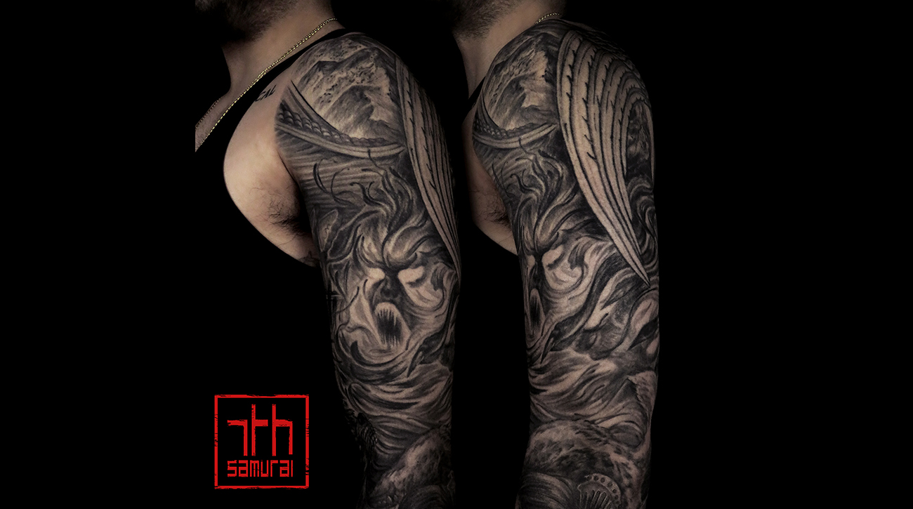 Men's Enenra Japanese folklore geisha wolf okami rice offering temple houseghost spirit mountains asian horror sleeve best tattoo edmonton 2019 kai 7th samurai