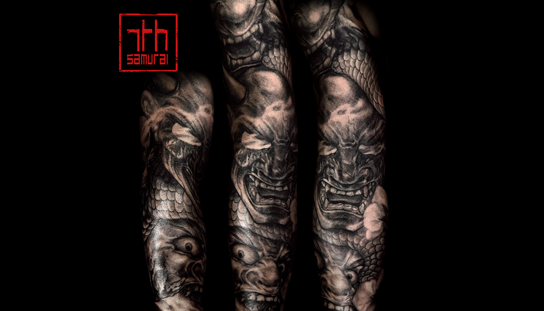 Men's Hear no see no speak no morbid horror evil oni noh mask orchid japanese asian sleeve best tattoo kai 7th samurai edmonton 2019