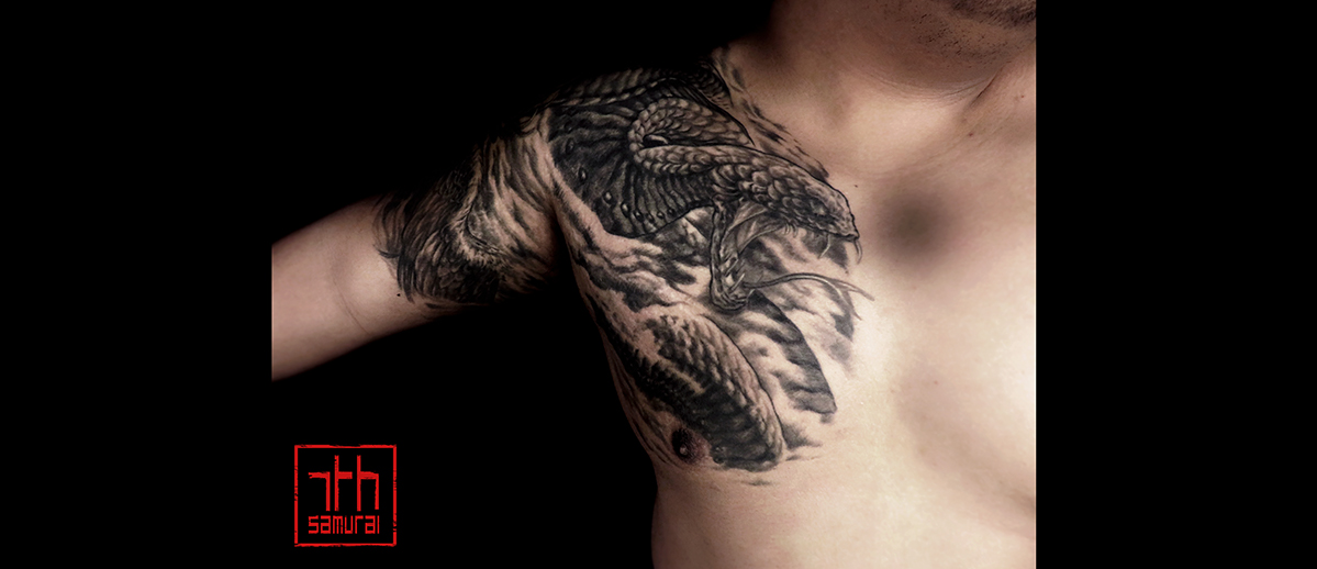Men's Phoenix &amp; snake in smoke effects chest to half sleeve kai 7th samurai edmonton alberta canada best artist tattoo 2019 
