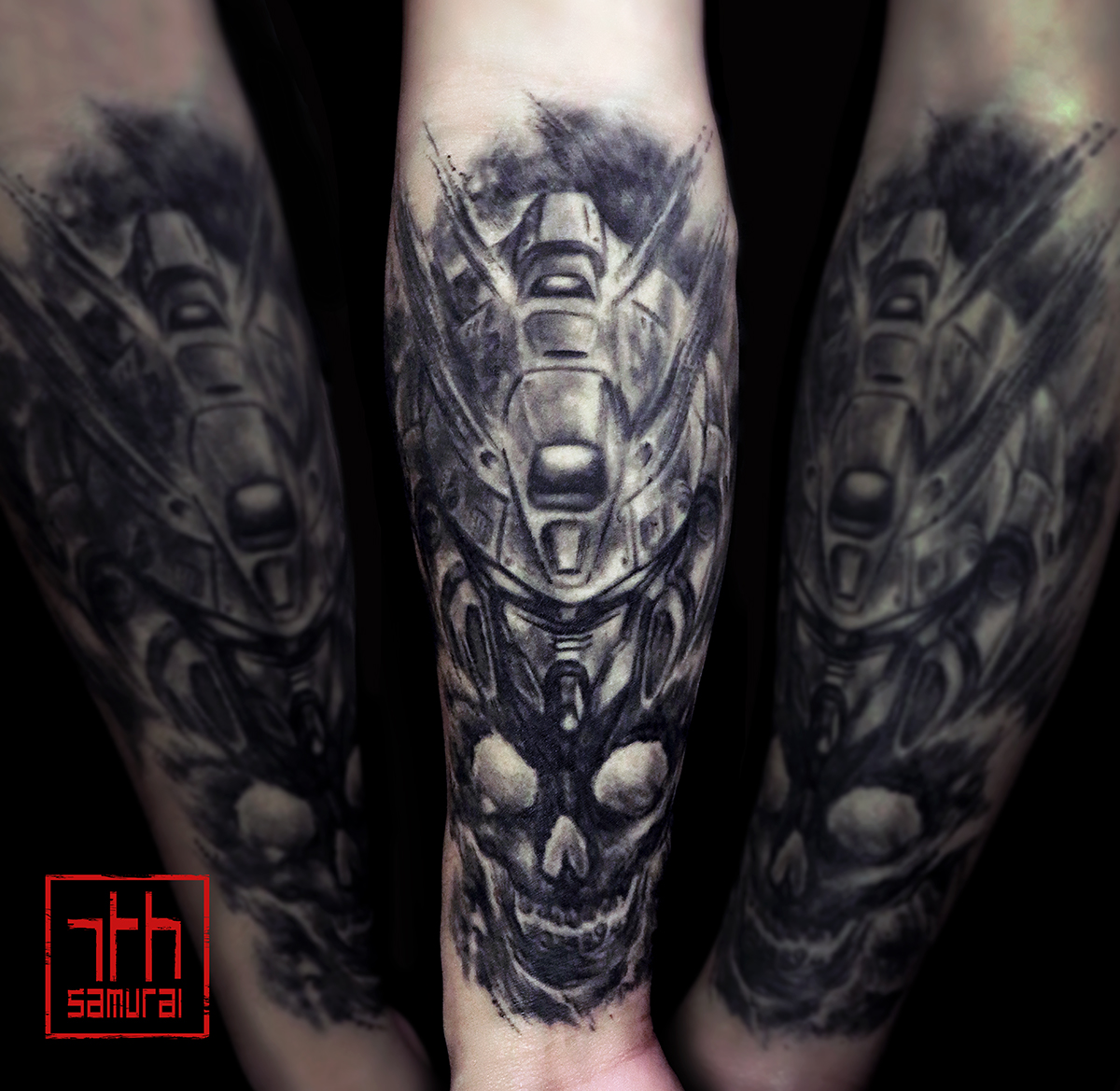 Men's Gundam mobile suit sumi style watercolor brush skull kai 7th samurai edmonton best anime tattoo 2019 