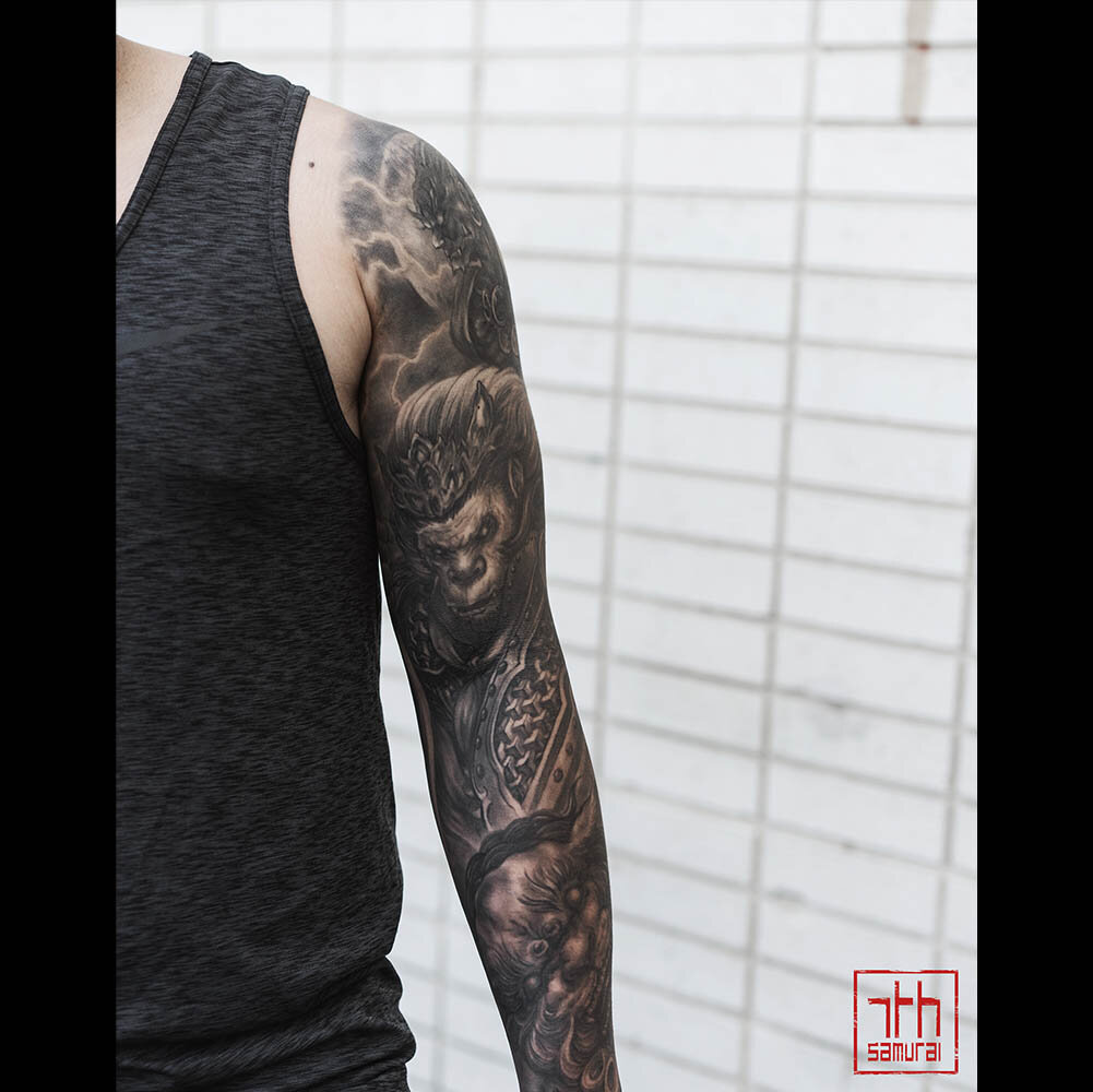 Kent Monkey King Raijin Thunder God Lightning Fudog Moon Sleeve Asian Tattoo Edmonton Best Kai 7th Samurai Tattoos