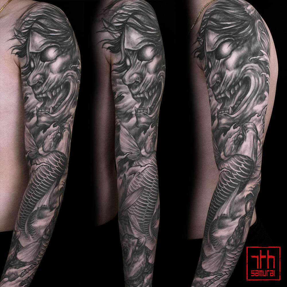 Noh japanese mask hannya hanya koi swimming upstream rock statue money frog bamboo men’s asian sleeve kai 7th samurai edmonton best tattoo 2019