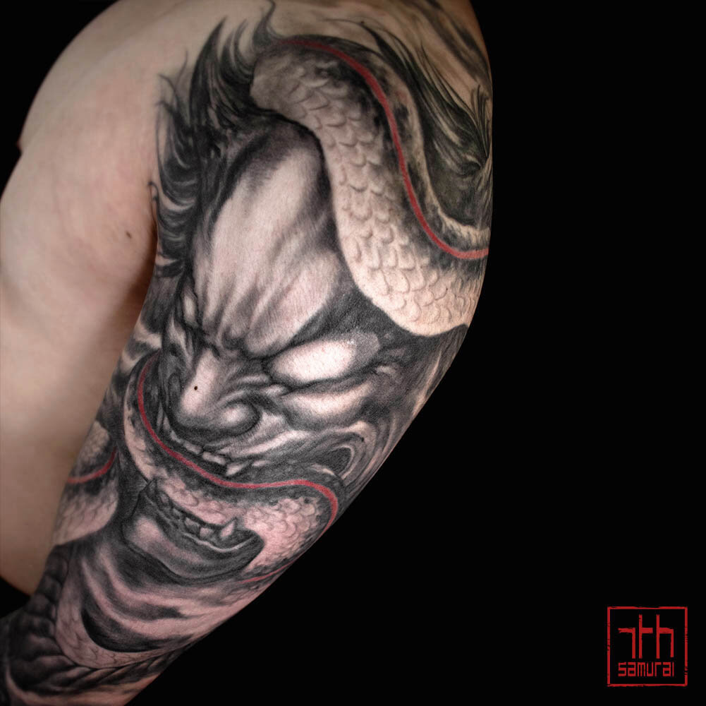 Men's Oni demon hannya hanya japanese noh mask snake panther red highlights smoke sleeve kai 7th samurai edmonton best asian tattoo 2020