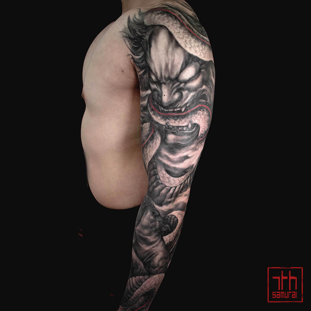 Men's Oni demon hannya hanya japanese noh mask snake panther red highlights smoke sleeve kai 7th samurai edmonton best asian tattoo 2020