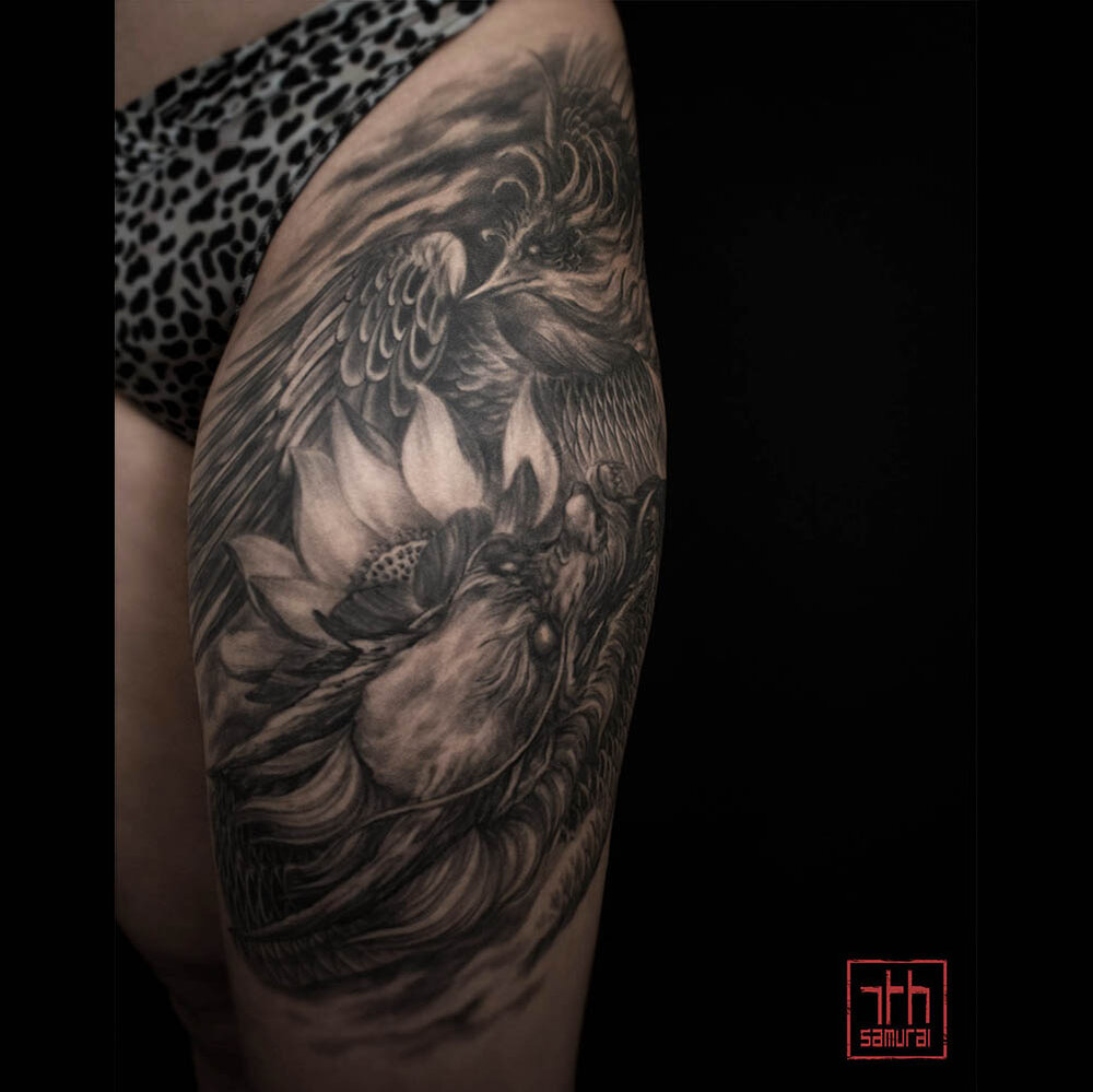 jamie phoenix dragon lotus flower asian womens girl thigh tattoo edmonton  canada kai 7th samurai — 7th Samurai Tattoos
