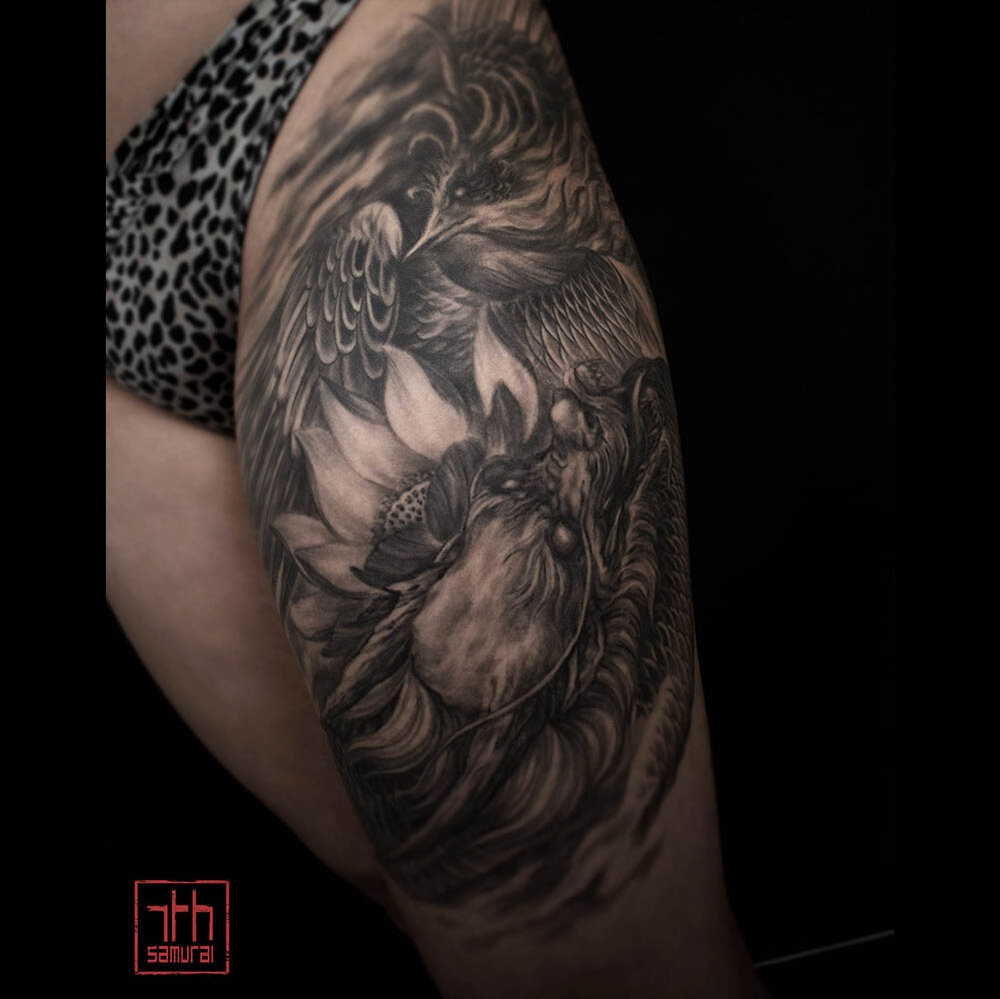 jamie phoenix dragon lotus flower asian womens girl thigh tattoo edmonton  canada kai 7th samurai — 7th Samurai Tattoos