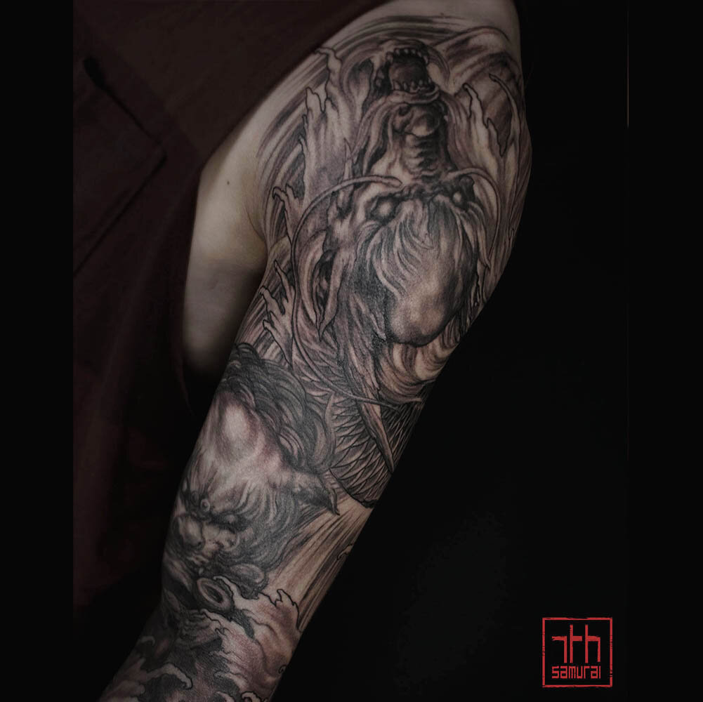 dragon fudog foodog lion koi swimming upstream waterfalls sleeve asian japanese tattoo kai 7th samurai edmonton canada best artist 2019