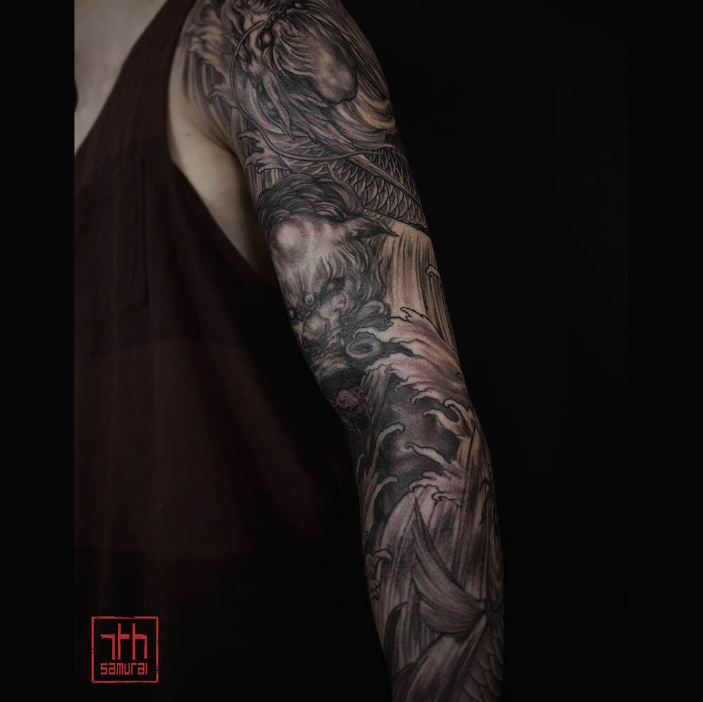 fudog foodog lion koi swimming upstream waterfalls sleeve asian japanese tattoo kai 7th samurai edmonton canada best artist 2019