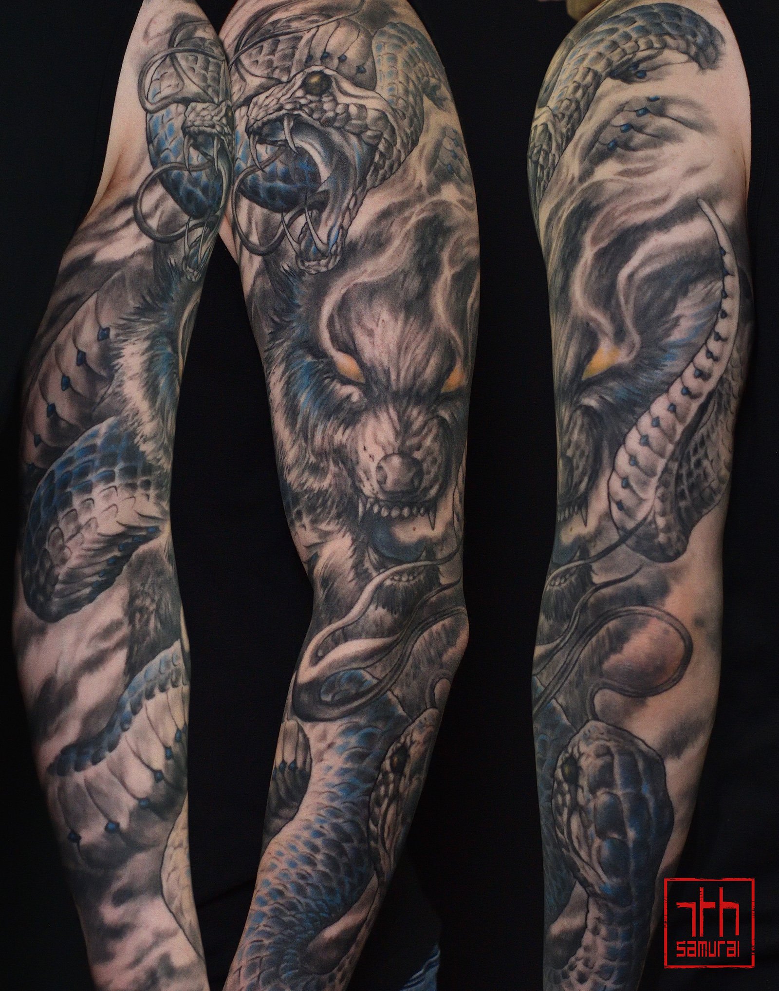 asian tattoo artist at convention show 2022 snake wolf smoke tattoo animal sleeve mens kai 7th samurai 2021 edmonton blue and yellow highlights