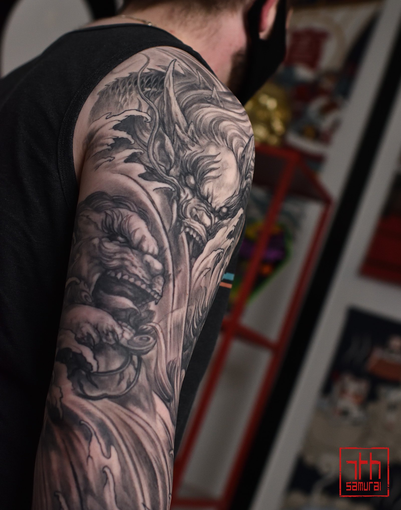 fudog + koi + dragon foodog  Men's neo japanese asian tattoo sleeve in waterfalls   (Tattoo artist: Kai at 7th Samurai. YEG Edmonton, Alberta, Canada) best asian tattoo artist 2020
