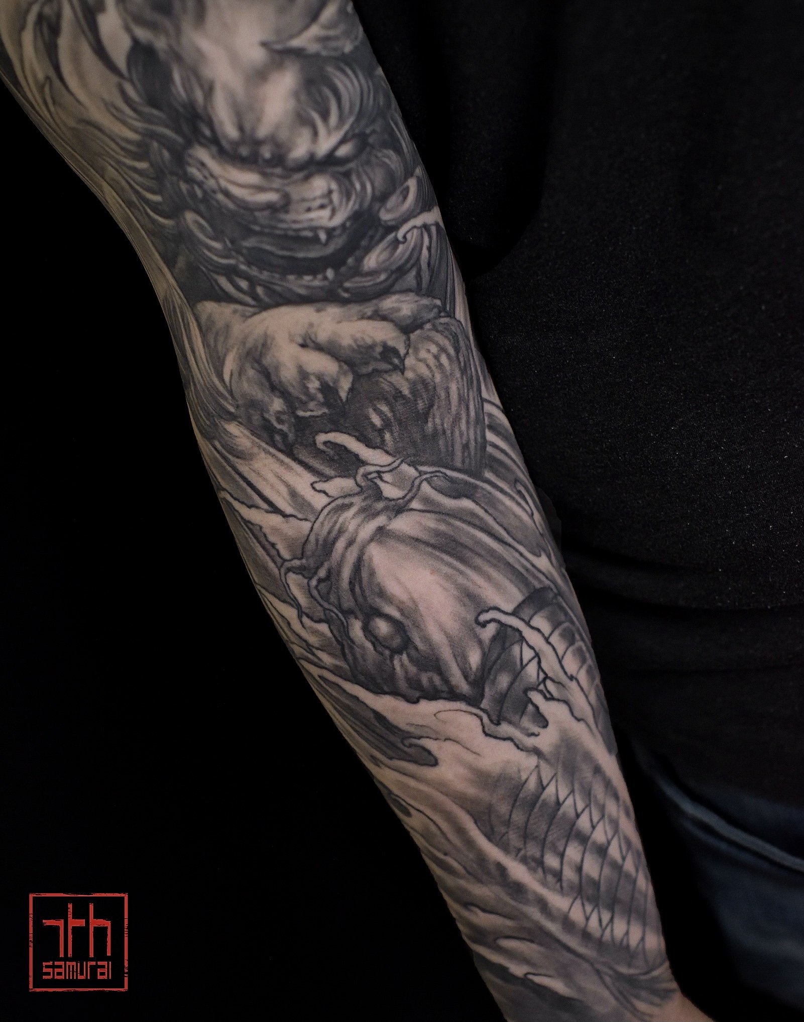 fudog + koi + dragon foodog  Men's neo japanese asian tattoo sleeve in waterfalls   (Tattoo artist: Kai at 7th Samurai. YEG Edmonton, Alberta, Canada) best asian tattoo artist 2020