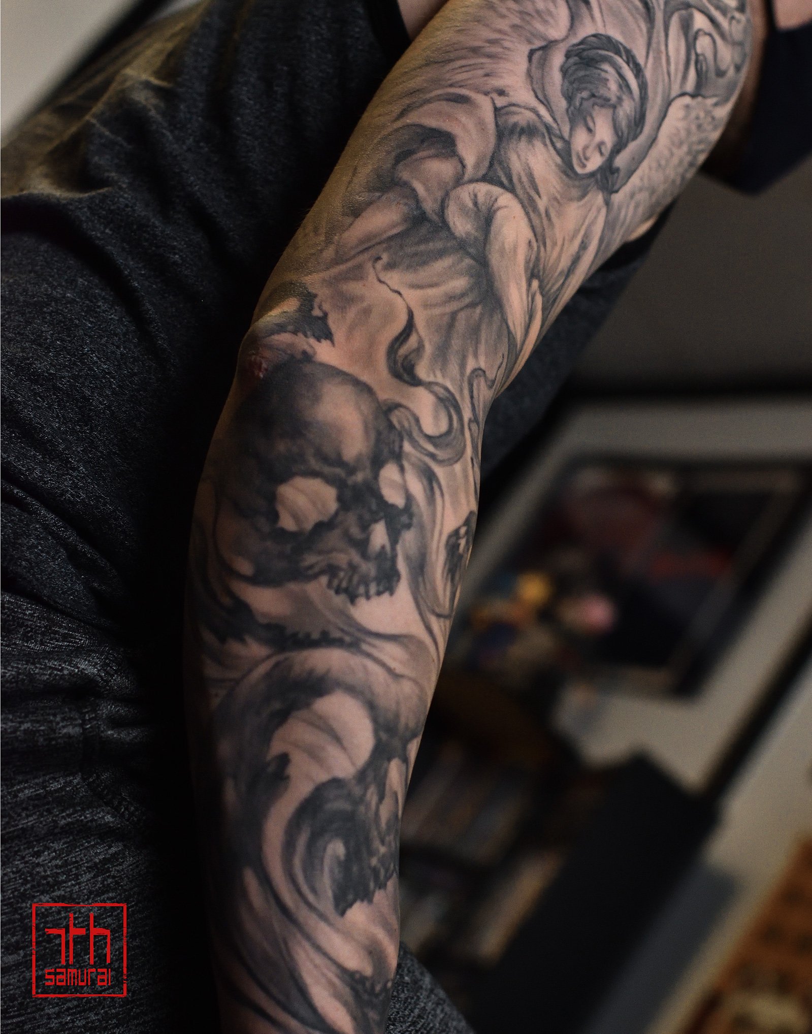 angel vs warding off skull demons rose clock   Men's religious realism tattoo sleeve  asian Tattoo artist: Kai at 7th Samurai. YEG Edmonton, Alberta, Canada) best 2020 
