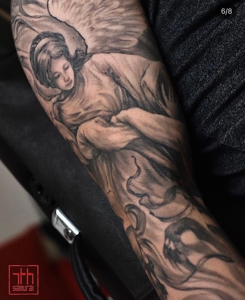 angel vs warding off skull demons rose clock   Men's religious realism tattoo sleeve  asian Tattoo artist: Kai at 7th Samurai. YEG Edmonton, Alberta, Canada) best 2020 