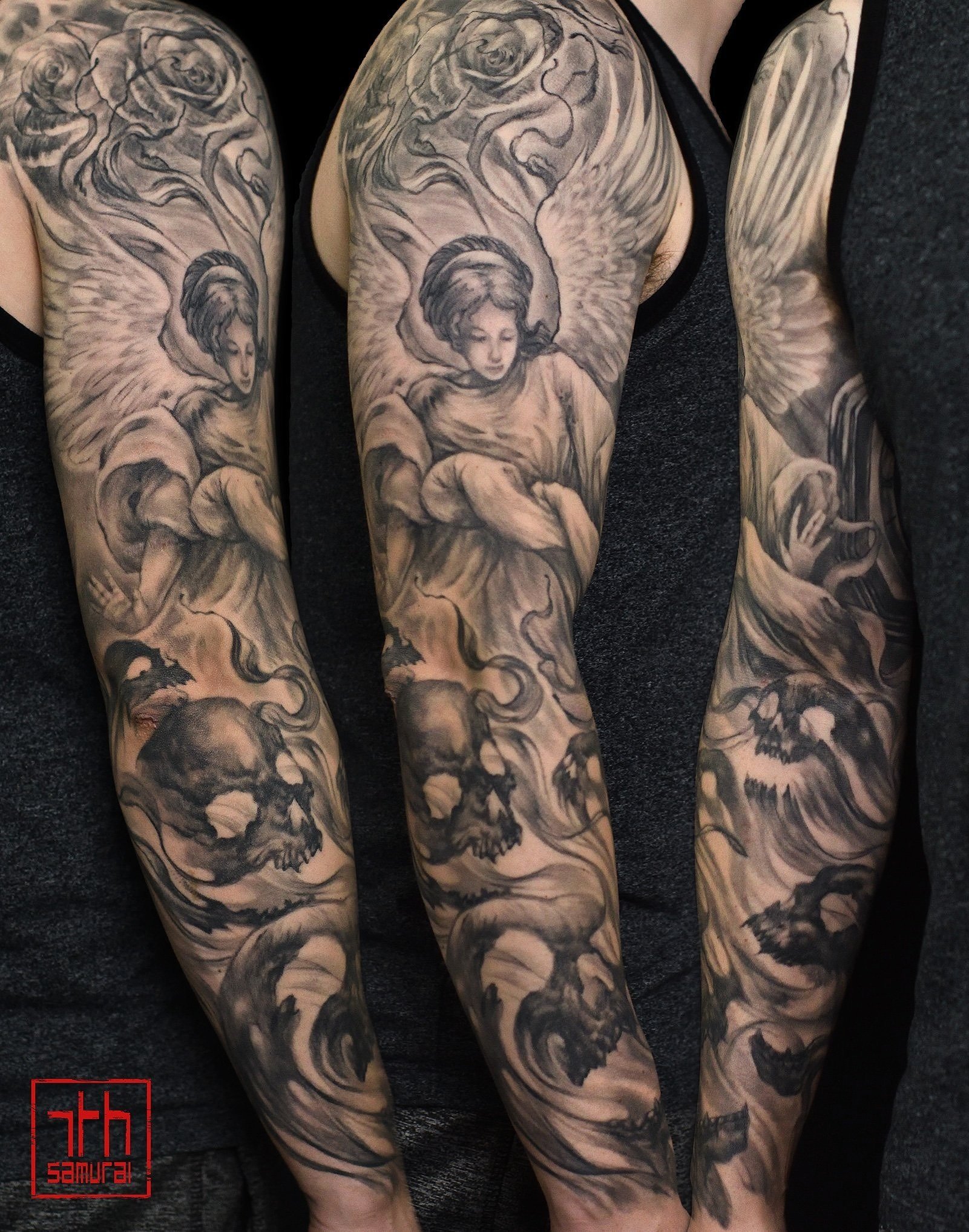 angel warding off  vs skull demons rose clock   Men's religious tattoo sleeve  Tattoo artist: Kai at 7th Samurai. YEG Edmonton, Alberta, Canada) best 2020 