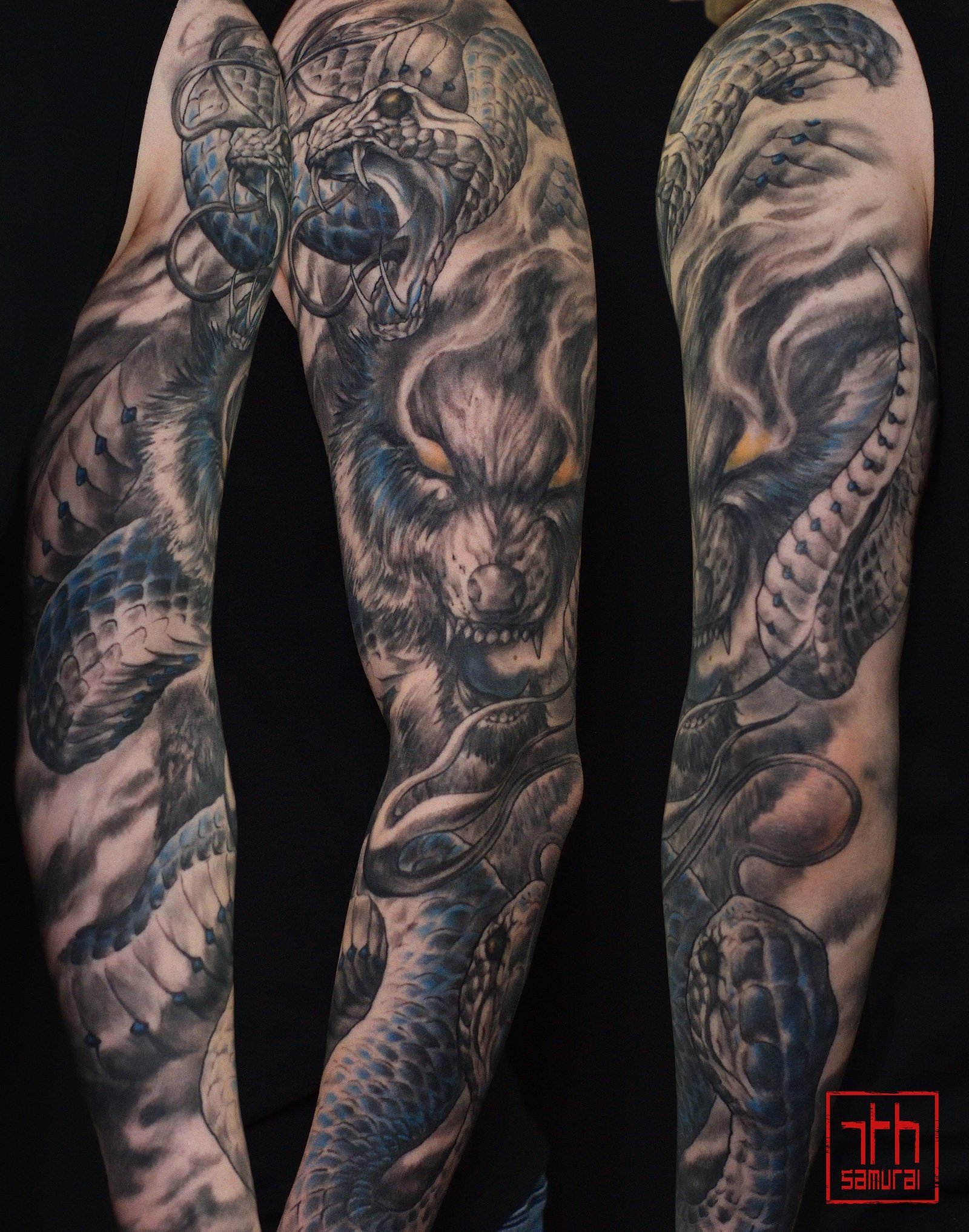 snake wolf smoke tattoo animal sleeve mens kai 7th samurai 2021 edmonton blue and yellow highlights