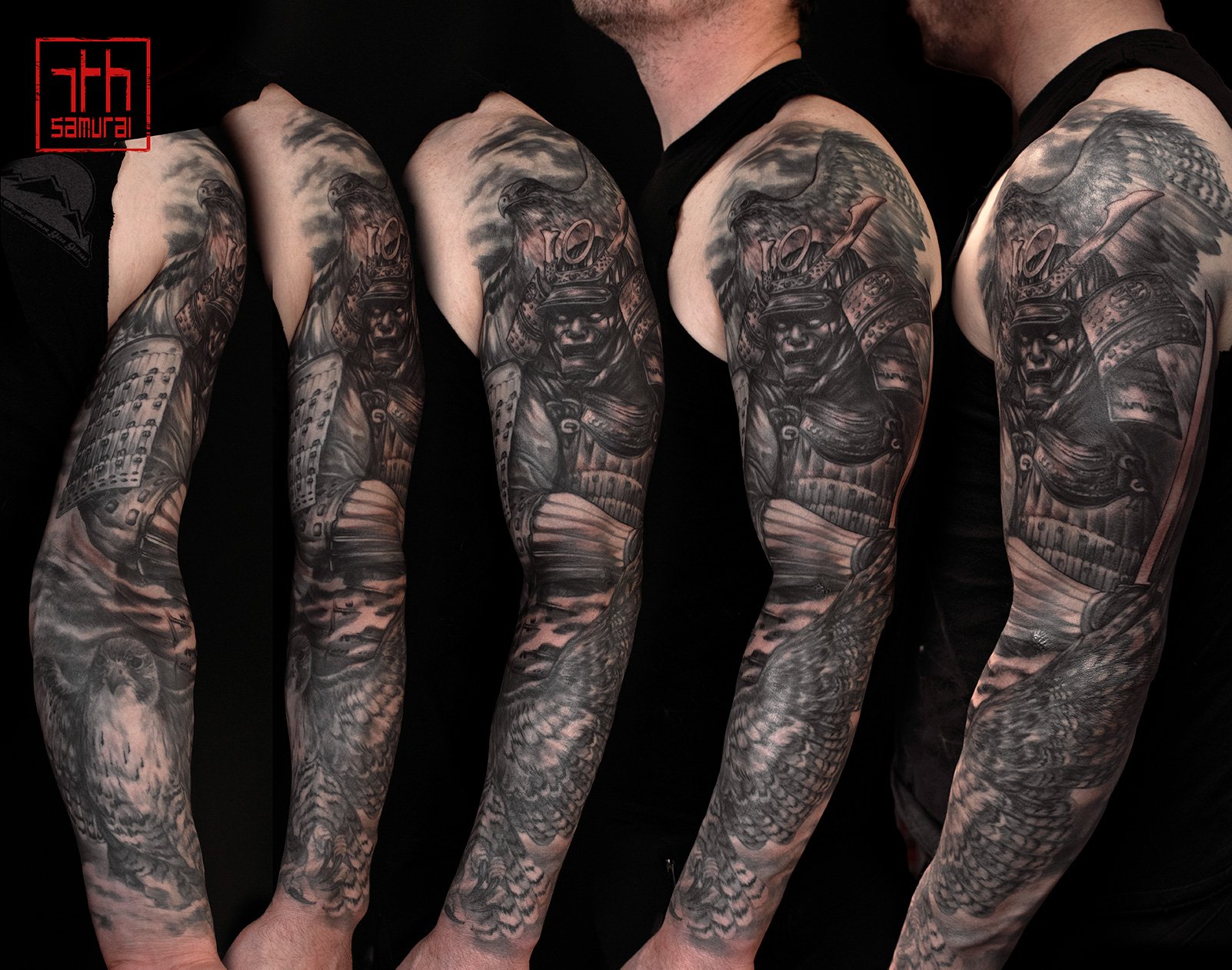 samurai  birds of prey falcon  hawk  Men's japanese realism tattoo sleeve  asian Tattoo artist: Kai at 7th Samurai. YEG Edmonton, Alberta, Canada) best 2020 