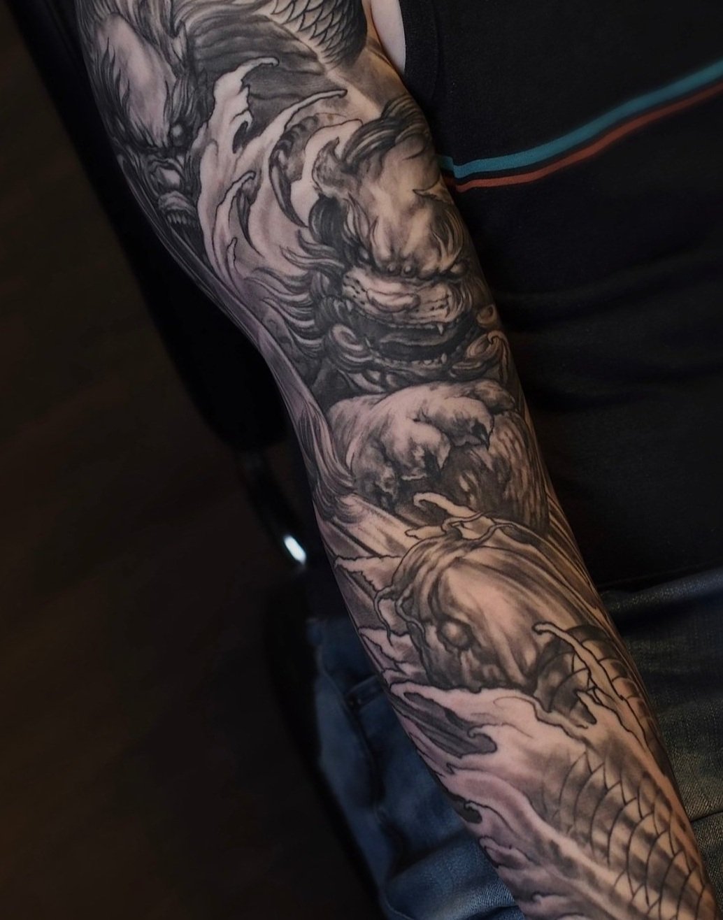fudog koi  dragon foodog  Men's neo japanese asian tattoo sleeve in waterfalls   asian Tattoo artist: Kai at 7th Samurai. YEG Edmonton, Alberta, Canada) best 2020 