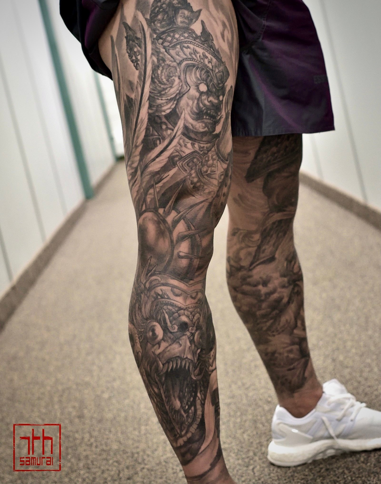 asian tattoo artist at convention show 2022 deity garuda yaksha warrior thai tattoo leg deity sleeve kai 7th samurai asian 2021 