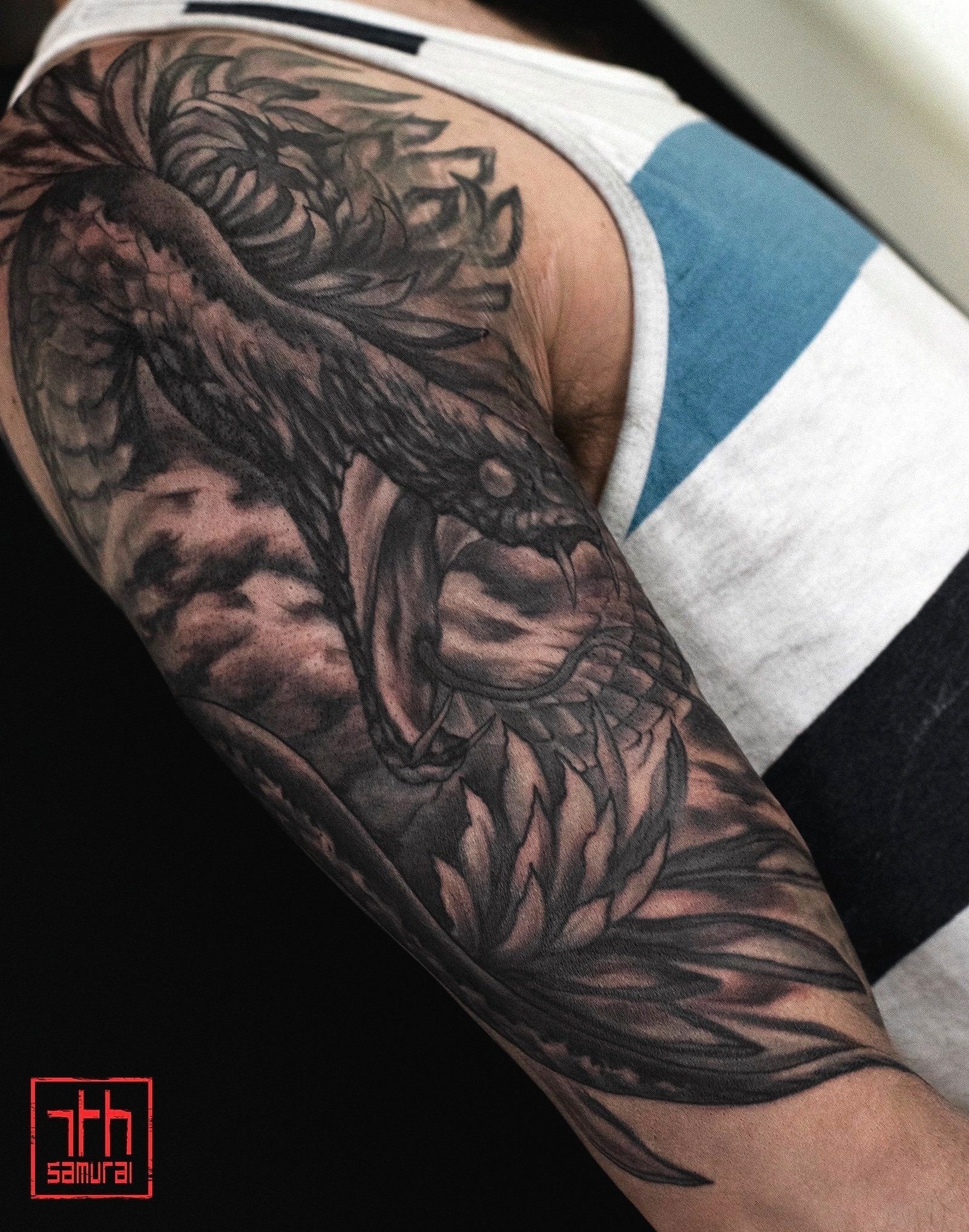 chrysanthemum snake   men’s upper arm asian tattoo flower sleeve   convention  asian Tattoo artist: Kai at 7th Samurai. YEG Edmonton, Alberta, Canada best 2020