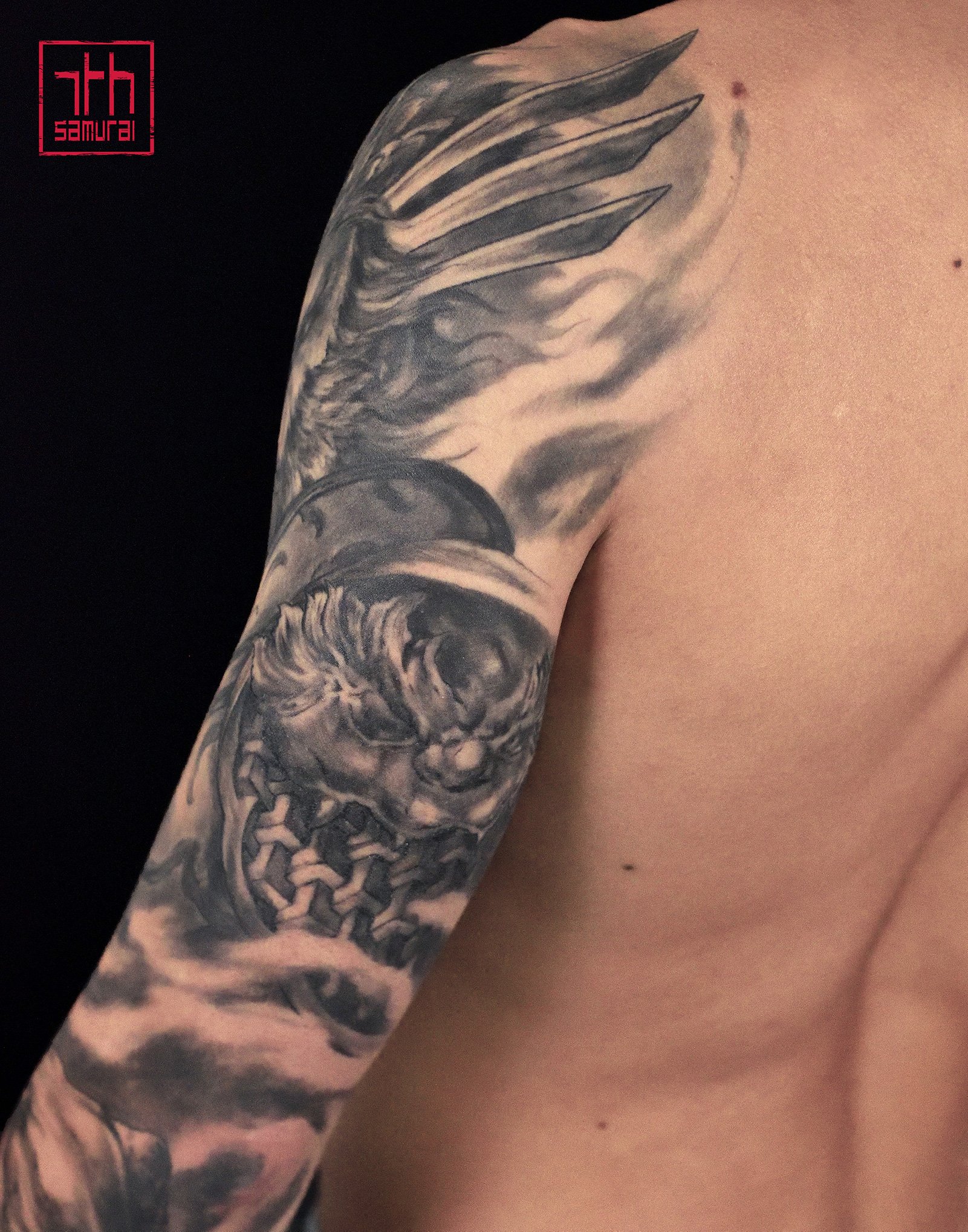 "monkey king sun wukong + money toad frog army  Men's asian neo chinese sleeve tattoo   asian Tattoo artist: Kai at 7th Samurai. YEG Edmonton, Alberta, Canada best 2023 