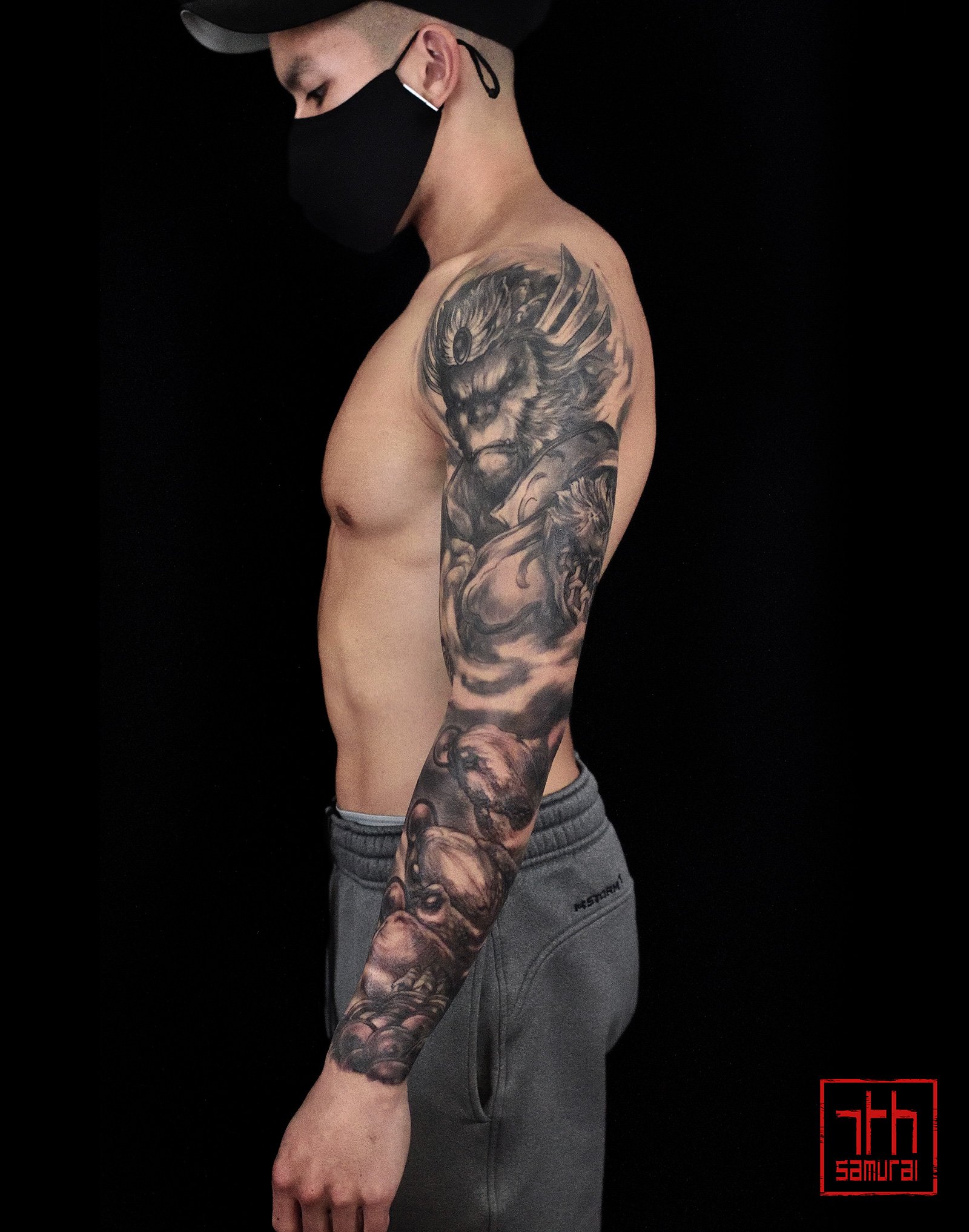 "monkey king sun wukong + money toad frog army  Men's asian neo chinese sleeve tattoo   asian Tattoo artist: Kai at 7th Samurai. YEG Edmonton, Alberta, Canada best 2023 
