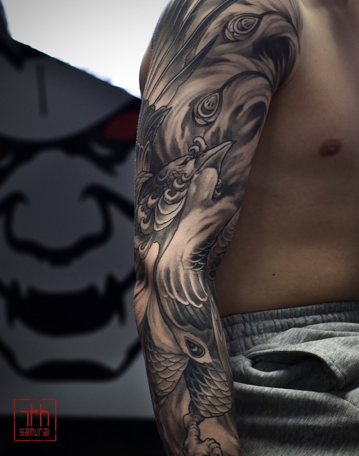 fire feathers phoenix pheonix arise from ashes   Men's asian neo japanese sleeve tattoo  asian Tattoo artist: Kai at 7th Samurai. YEG Edmonton, Alberta, Canada best 2023