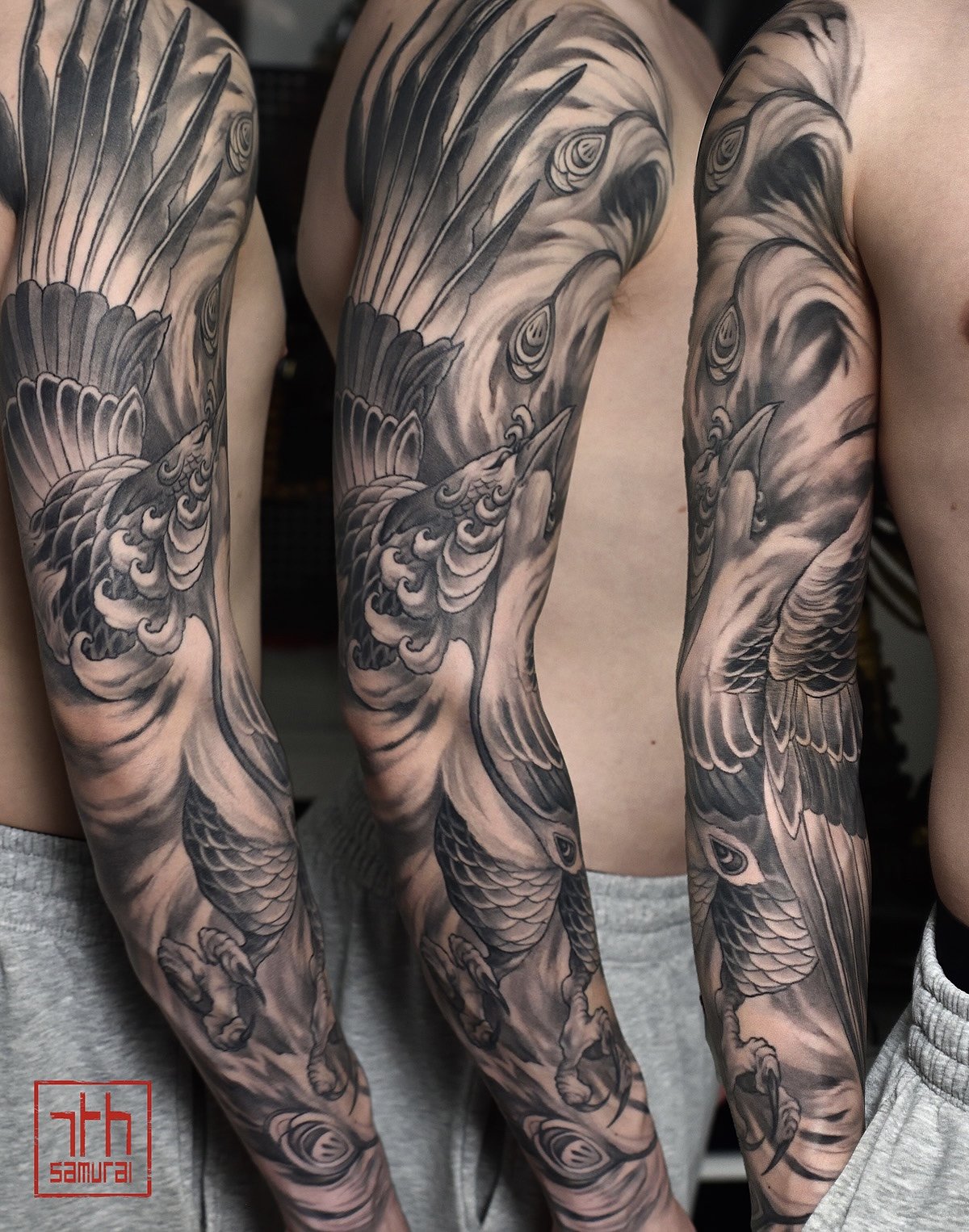 fire feathers phoenix pheonix arise from ashes   Men's asian neo japanese sleeve tattoo  asian Tattoo artist: Kai at 7th Samurai. YEG Edmonton, Alberta, Canada best 2023