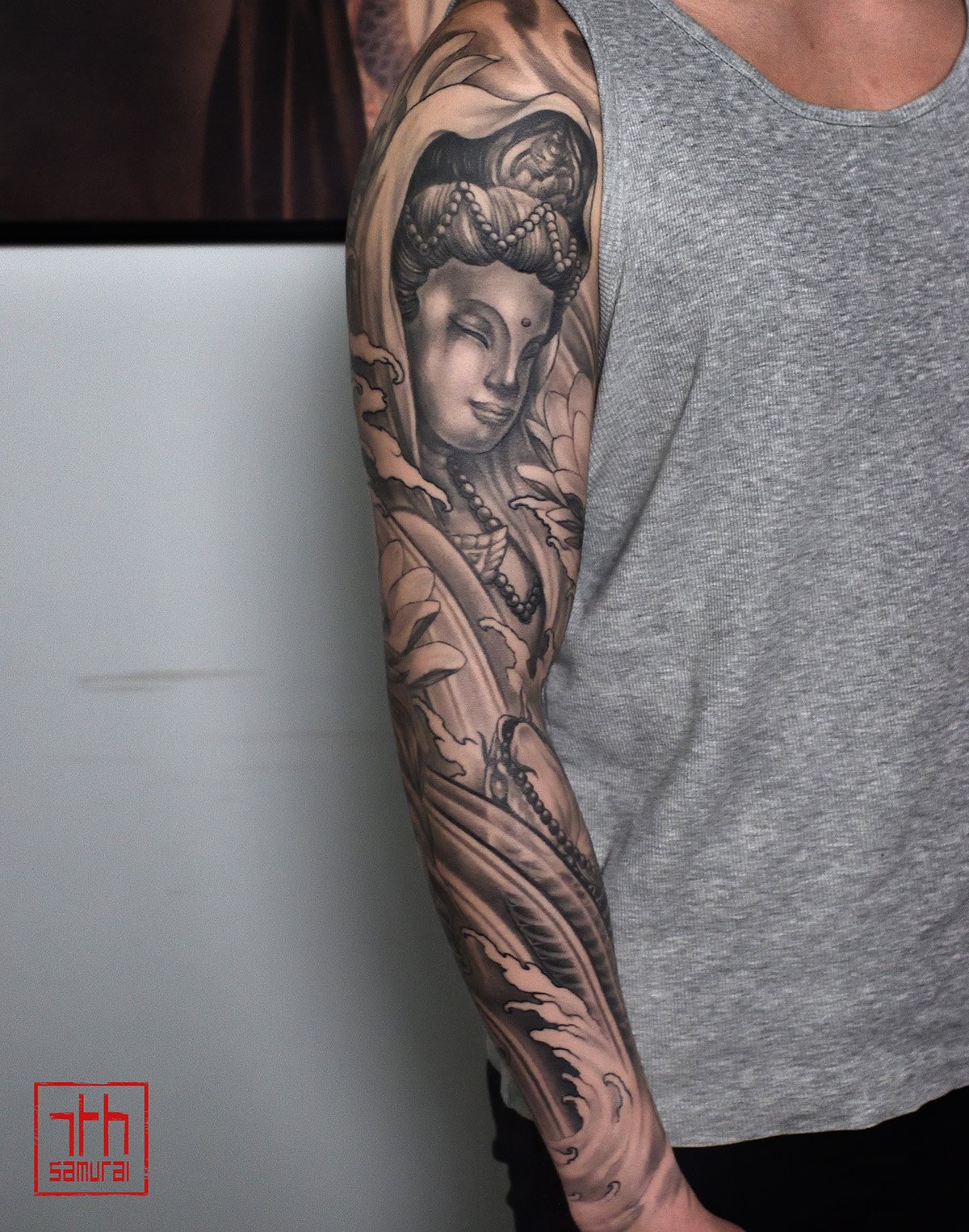 kwan quan quan yin god koi prayer beads  lotus  Men's buddhist sleeve tattoo buddha   asian Tattoo artist: Kai at 7th Samurai. YEG Edmonton, Alberta, Canada best 2023