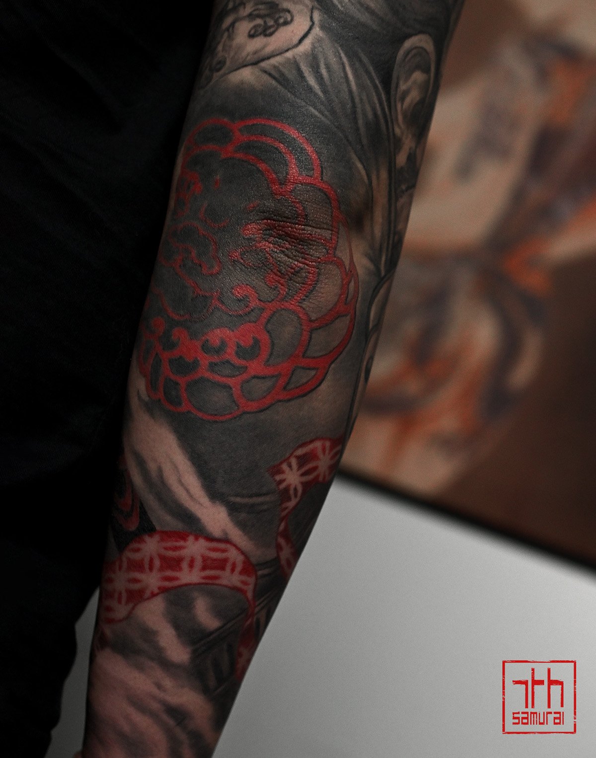 sun wukong monkey king dragon  Men's chinese asian tattoo with red highlights sleeve  asian Tattoo artist: Kai at 7th Samurai. YEG Edmonton, Alberta, Canada best 2023