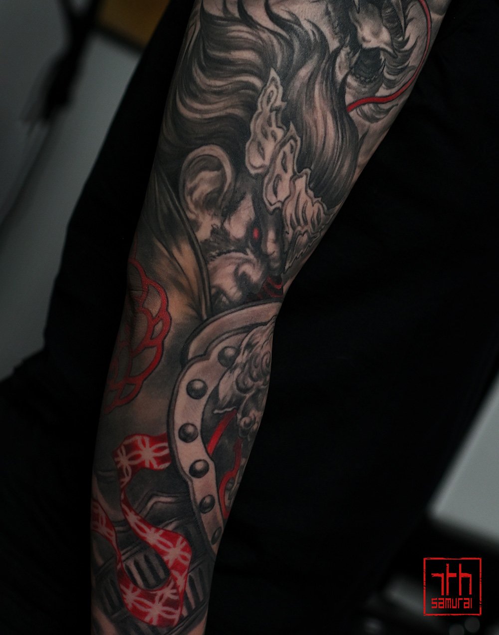 sun wukong monkey king dragon  Men's chinese asian tattoo with red highlights sleeve  asian Tattoo artist: Kai at 7th Samurai. YEG Edmonton, Alberta, Canada best 2023