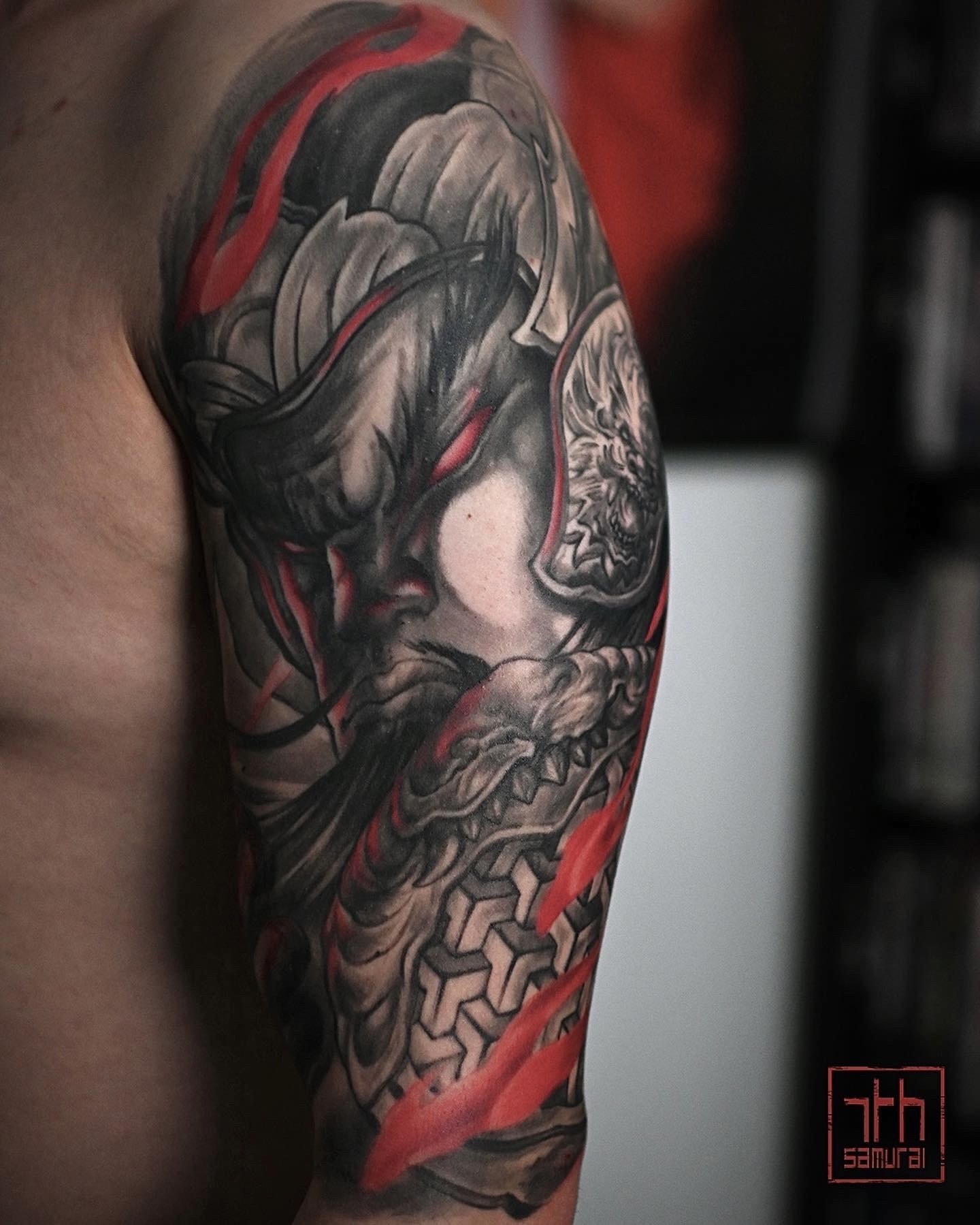 god of war: guan yu red face dragon crescent blade Men's chinese deity asian upper arm half sleeve with red highlights asian Tattoo artist: Kai at 7th Samurai. YEG Edmonton, Alberta, Canada best 2023
