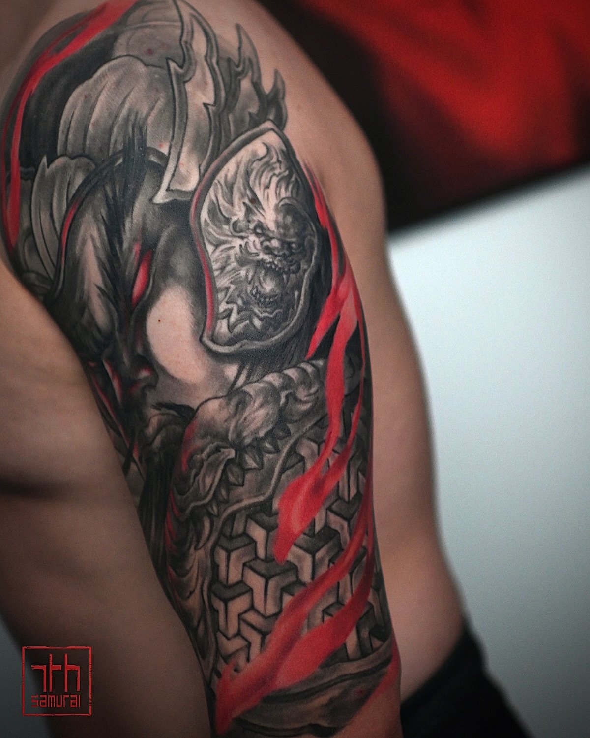 god of war: guan yu red face dragon crescent blade Men's chinese deity asian upper arm half sleeve with red highlights asian Tattoo artist: Kai at 7th Samurai. YEG Edmonton, Alberta, Canada best 2023