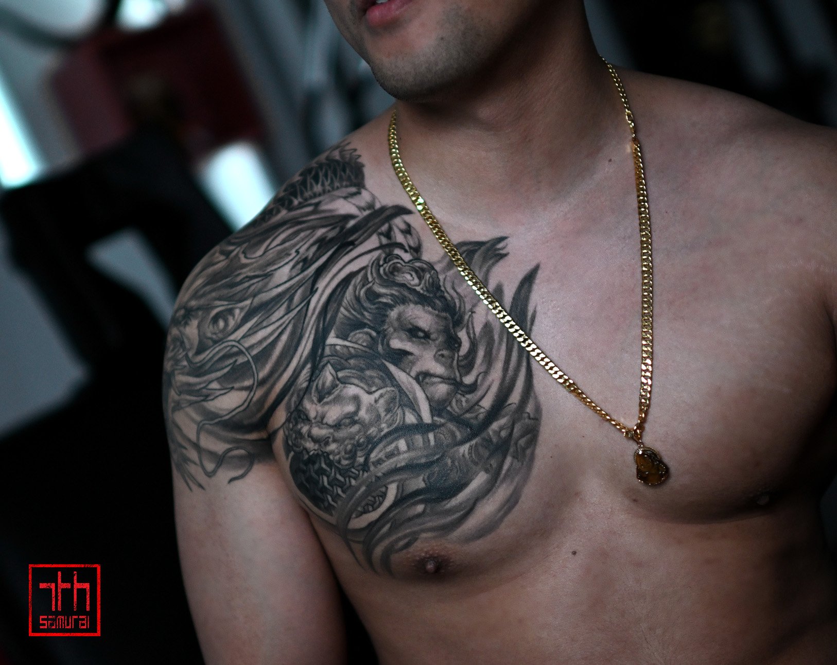 sun wukong monkey king chest tattoo  asian artist: Kai 7th Samurai. Edmonton, Alberta, Canada 2023 best 2024 calgary vancouver toronto california