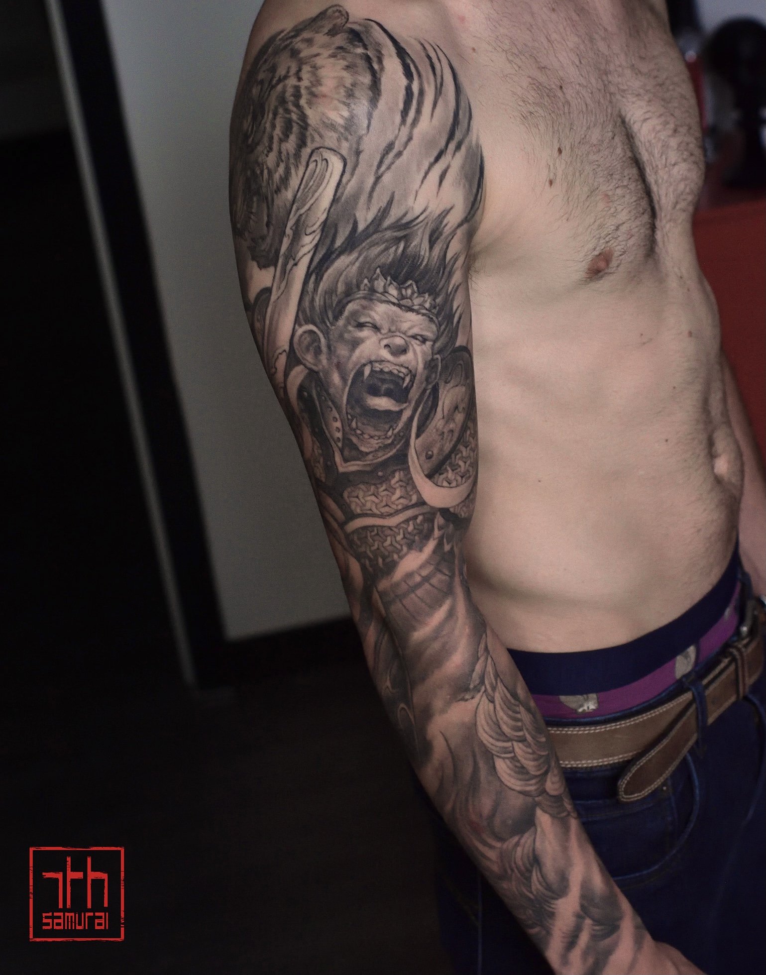 monkey king sun wukong fudog foodog tiger  neo japanese Men's neo chinese tattoo sleeve  asian Tattoo artist: Kai at 7th Samurai. YEG Edmonton, Alberta, Canada best 2023