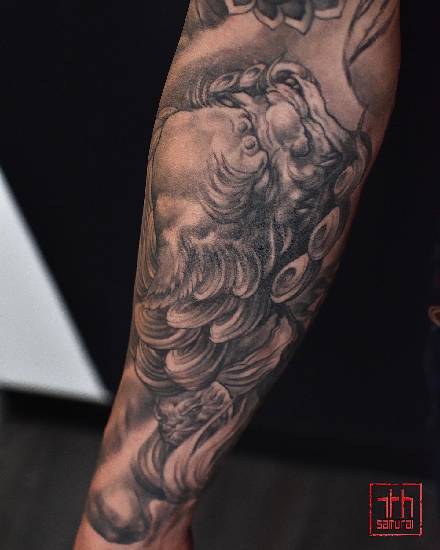 fudog foodog neo japanese Men's neo chinese tattoo sleeve  asian Tattoo artist: Kai at 7th Samurai. YEG Edmonton, Alberta, Canada best 2023