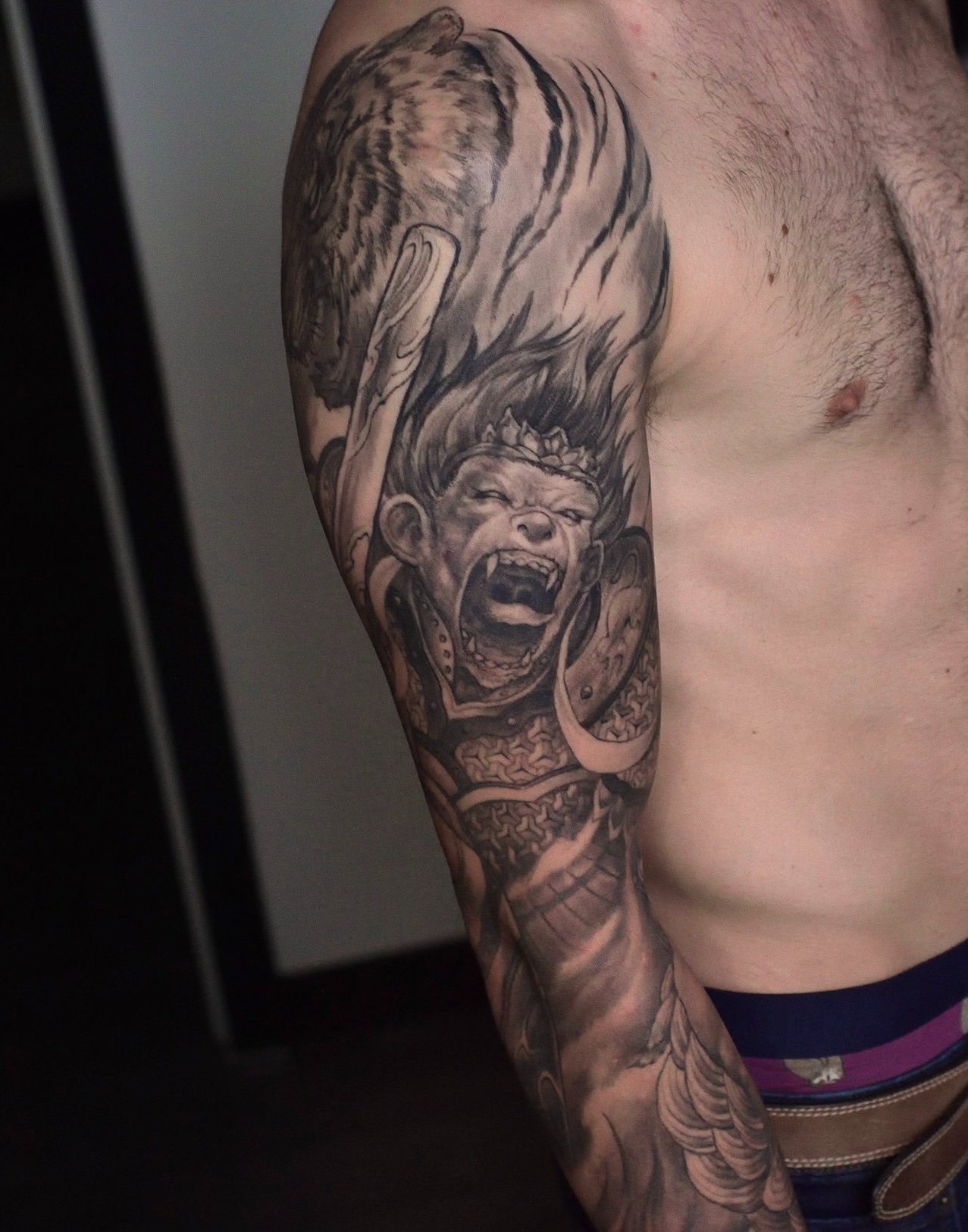 monkey king sun wukong fudog foodog tiger  neo japanese Men's neo chinese tattoo sleeve  asian Tattoo artist: Kai at 7th Samurai. YEG Edmonton, Alberta, Canada best 2023